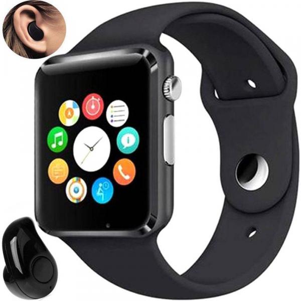 Relógio Smartwatch A1 Inteligente Gear Chip Celular Touch PRETO PRATA + Mini Fone de Ouvido Bluetooth PRETO