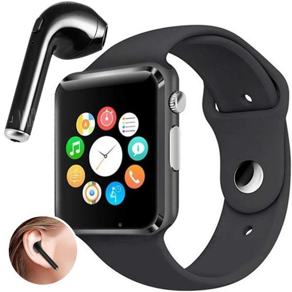 Relógio Smartwatch A1 Original Touch Bluetooth Gear Chip - Black-Black + Mini Fone