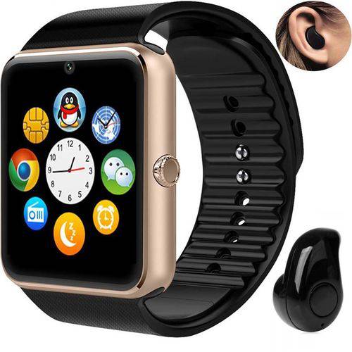 Relógio Smartwatch Gt08 Inteligente Gear Chip Celular Touch + Mini Fone de Ouvido Bluetooth Dourado