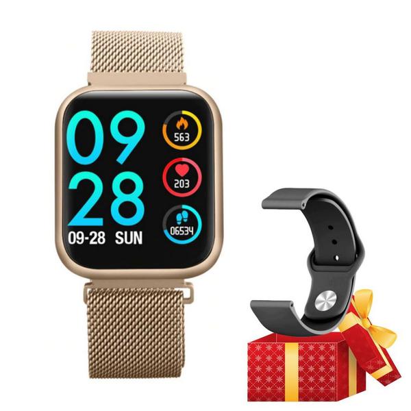 Relógio Smartwatch P80 Mult-Esportes e Lazer Mensagens Whatsapp Face Cor Dourado e 2 Pulseiras - Oem - com Link Trading