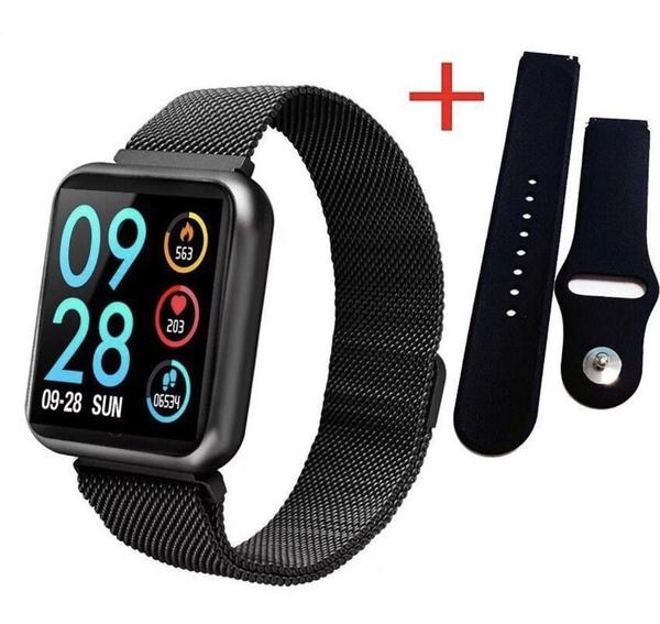 Relógio Smartwatch P80 Preto Monitor Cardíaco Pressão Arterial Passos Android IOS + 1 Pulseira Extra - Smart Bracelet