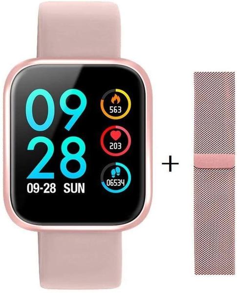 Relógio Smartwatch P80 Rosa Monitor Cardíaco Pressão Arterial Passos Android IOS + 1 Pulseira Extra - Smart Bracelet