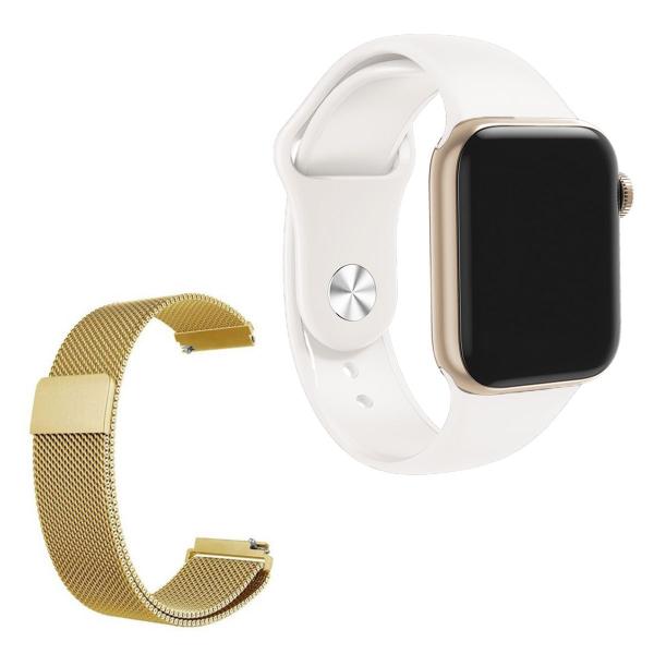 Relógio Smartwatch W58 Dourado Android IOS + 1 Pulseira Extra de Aço Branco - Iwo