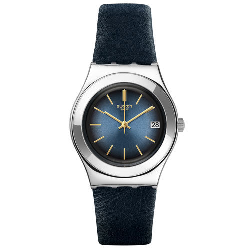 Relógio Swatch Feminino Caixa em Aço Pulseira de Couro Fundo Azul Yls460 Máquina Suíça