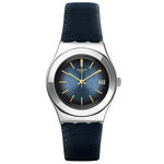 Relógio Swatch Feminino caixa em aço pulseira de couro fundo azul yls460 Máquina Suíça