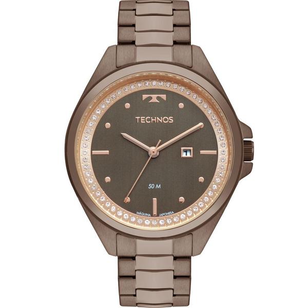 Relogio Technos Feminino Marrom a Prova Dagua Inox Calendario Strass 2015CBY/4M