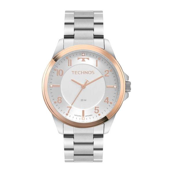 Relogio Technos Feminino Prata e Rose a Prova Dagua Grande Strass 2035MSY/1K