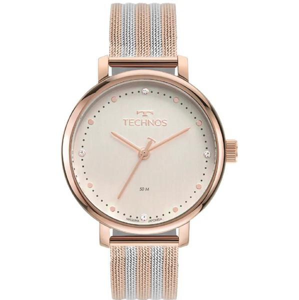 Relogio Technos Feminino Rose e Prata a Prova Dagua Aço Inox Strass 2035MSV/1T