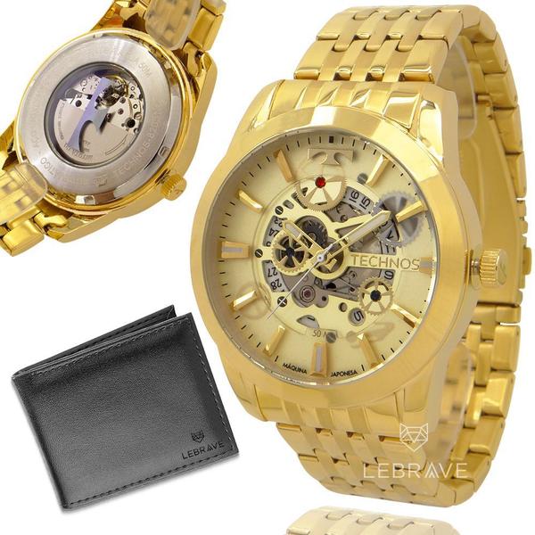 Relógio Technos Masculino Dourado Automático Prova D'água com 1 Ano de Garantia 8205NQ4X + Carteira Lebrave Brinde