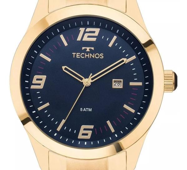 Relogio Technos Masculino Dourado azul grande prova dagua calendario 2115mnz/4a