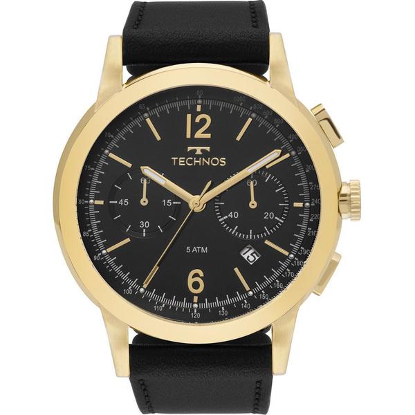 Relogio Technos Masculino dourado pulseira couro preto multifunçao 6S21AC/0P