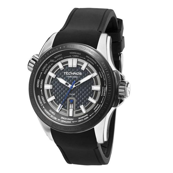 Relogio Technos Masculino Hora Mundi Prata Silicone Preto 2115knt