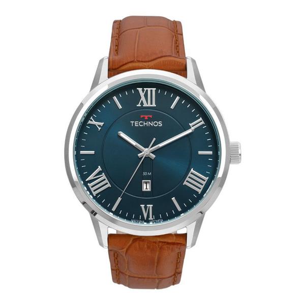 Relogio Technos Masculino Prata Azul Pulseira de Couro 2115MTX/0A