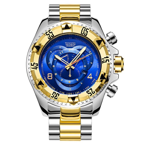 Relógio Temeite Big Dial Aço Inoxidável (Prata-Dourado-Azul)