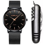 Relógio Ultra Fino Masculino Luxo Preto E Dourado + Canivete Inox