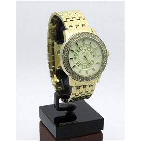 Relógio Victor Hugo Dourado Médio Feminino Fundo Creme Cristais Swarovski VH10101LSG/06M