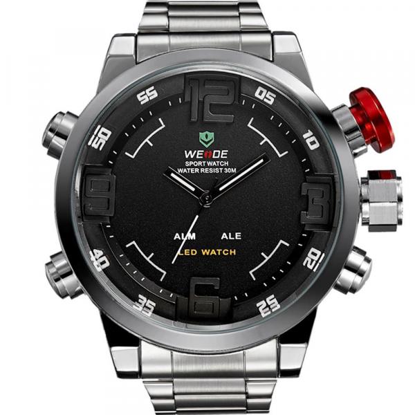 Relógio Weide Masculino Prata 2176 Anadigi 3 Atm Cristal Mineral Tamanho Grande