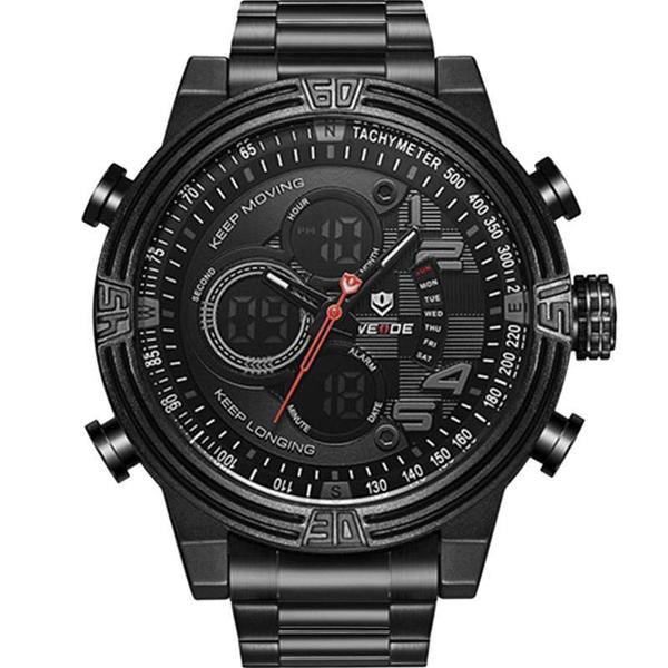 Relógio Weide Masculino Preto 10352 Anadigi 5 Atm Cristal Mineral Tamanho Grande