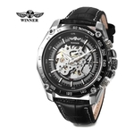 Relógio Winner, Automático E A Corda, Masculino modelo TM427, fundo preto, pulseira couro preto