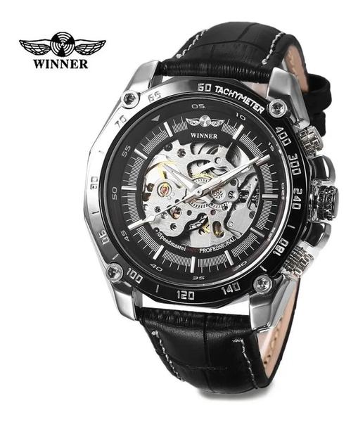 Relógio Winner, Automático e Corda, Masculino, Modelo TM427, Pulseira Couro Preto,fundo Preto - T-Winner