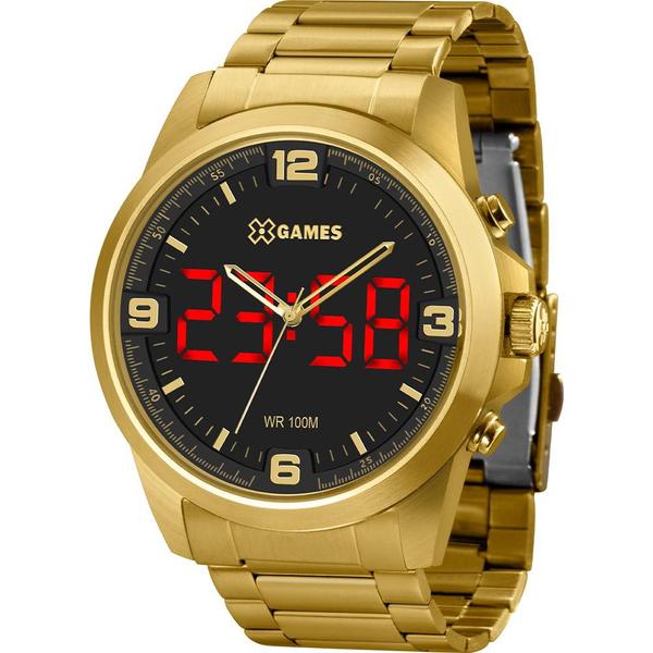 Relógio X-Games Masculino Dourado XMGSA007P2KX Anadigi 10 Atm Cristal Mineral Tamanho Grande