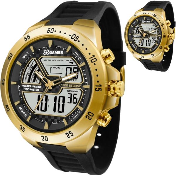 Relógio X Games Masculino Grande Dourado Anadigi Esportivo Pulseira de Borracha XMSPA021 BXPX