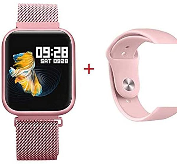 Smartwatch P80 Relógio Inteligente Fitness Pulseira Aço + Extra Silicone Cor: ROSA - Rts