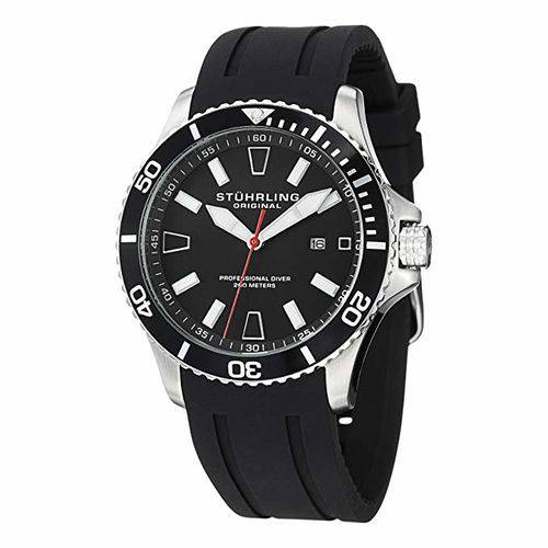 Stuhrling Original Men's 'Aquadiver' Quartz Stainless Steel And Silicone Diving Watch, Color:Black (Model: 706.01)