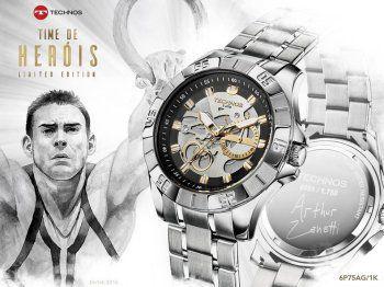 Technos Masculino Time Herois Arthur Zanetti Redondo Analogico Multi Prata/dour 6p75ag/1k