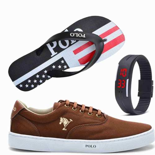 Tênis Masculino Polo Joy com Relógio e Chinelo