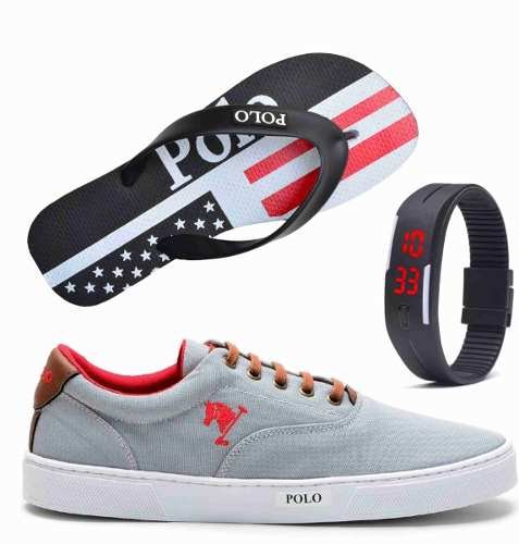 Tênis Masculino Polo Joy com Relógio e Chinelo