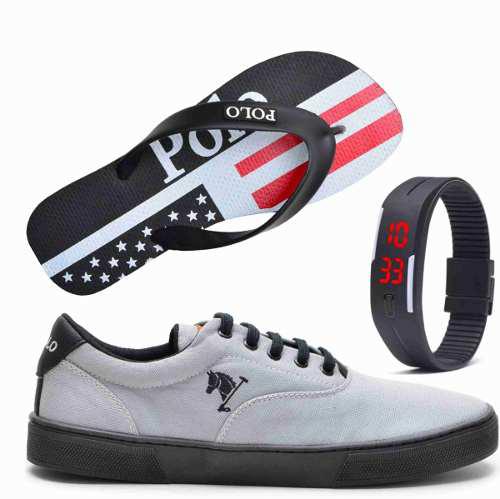 Tênis Masculino Polo Joy com Relógio e Chinelo