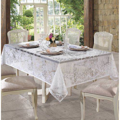 Toalha de Mesa de Renda 155cmx250cm Rosas Lepper Branco