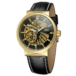 Vencedor do homem impermeável Auto Mecânica Assista Skeleton Dial PU Leather Strap relógio de pulso