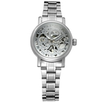 Vencedor Lady Auto Mecânica Assista Skeleton Dial numerais romanos Aço Watchband relógio de pulso