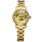 Vencedor Lady Auto Mecânica Assista Skeleton Dial numerais romanos Aço Watchband relógio de pulso