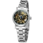 Vencedor Lady Auto Mecânica relógio de cristal Skeleton Dial Stainless Steel Watchband relógio de pulso