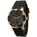 Women`s Black Rose ouro Genebra Faux Chronograph Silicone Veja com Cristal Rhinestones Bisel