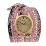 Womens multicamada relógio de pulso tecer envoltório pulseira de couro relógio de pulso rosa