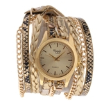 Womens multicamadas relógio de pulso tecer envoltório pulseira de couro relógio de pulso dourado