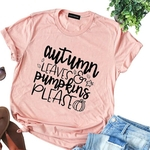 Ficha técnica e caractérísticas do produto 2019 New Moda Casual Dia das Bruxas folhas de outono Pumpkins Por favor letra impressa camiseta manga curta em torno do pescoço Tops For Men Mulheres