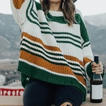 Ficha técnica e caractérísticas do produto 2019 New Outono Mulheres Moda Casual Correspondência de cores Stripe Sweater manga comprida em torno do pescoço solto camisola de malha pulôver