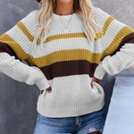 Ficha técnica e caractérísticas do produto 2019 Nova Mulheres Moda Casual Color Matching Stripe Sweater manga comprida em torno do pescoço solto malha pulôver