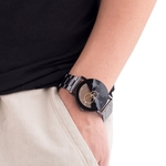 Ficha técnica e caractérísticas do produto Amantes Aço Watchband Quartz Veja com plataforma giratória Pointer elegante relógio de pulso Ornamento do presente