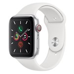 Ficha técnica e caractérísticas do produto Apple Watch Series 5 Cellular+GPS, 44 mm, Alumínio Prata, Pulseira Esportiva Branco e Fecho Clássico