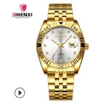 Ficha técnica e caractérísticas do produto Banda de aço relógio de ouro casal de homens relógio relógio das mulheres Chenxi calendário marca com Dial Diamante