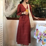 Ficha técnica e caractérísticas do produto Elegant manga comprida Mulheres Lady Retro Vintage cintura vestido longo para a festa de férias Venda quente