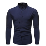 Ficha técnica e caractérísticas do produto Men Irregular Oblique Button Shirt Long Sleeve Solid Collar Stand Collar Slim Casual Tops
