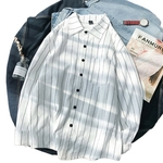 Ficha técnica e caractérísticas do produto Homens Stripe Manga Comprida Solta Camisa Com Botão De Lapela Completa Para O Office Business Casual Mistura Do Algodão