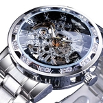 Ficha técnica e caractérísticas do produto JIA Vencedor do homem impermeável relógio mecânico numeral romano Rhinestone Skeleton Dial aço relógio de pulso watch